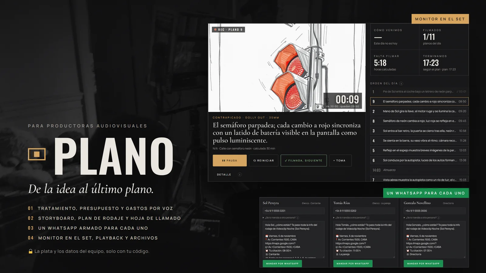 Afiche de PLANO: el logo, la frase De la idea al último plano, el monitor de rodaje con el cronómetro y los mensajes de WhatsApp armados para cada persona del equipo